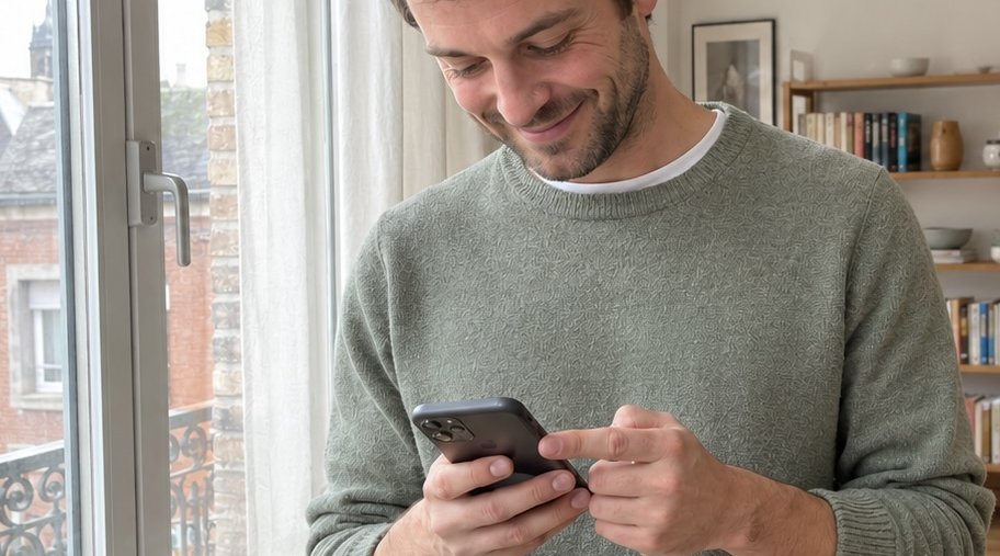 Un homme souriant qui envoie un Givoob depuis son téléphone